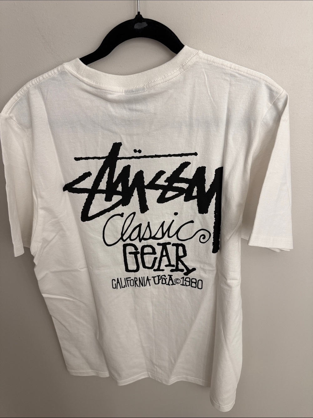 Stussy White Short Sleeve Tee with Black Classic Gear Logo - Picture 2 of 4